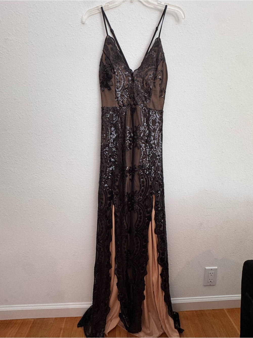 Black Sequin Lace Overlay Prom Dress with Nude Lining